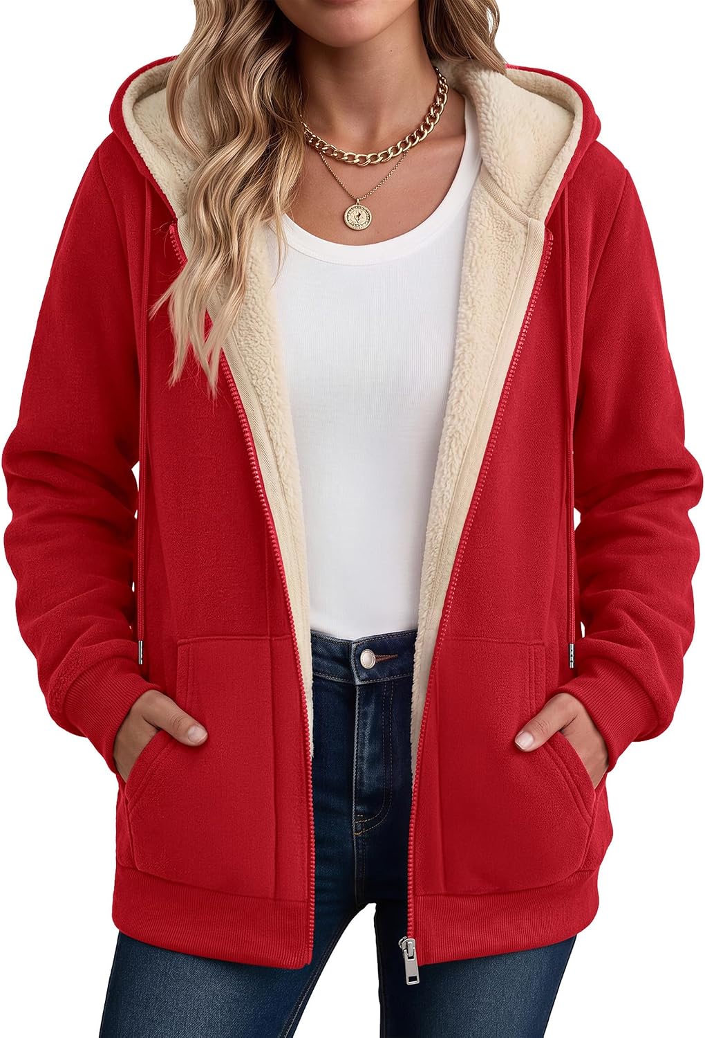 Hooded sherpa fleece full-zip coat in red, kangaroo pocket