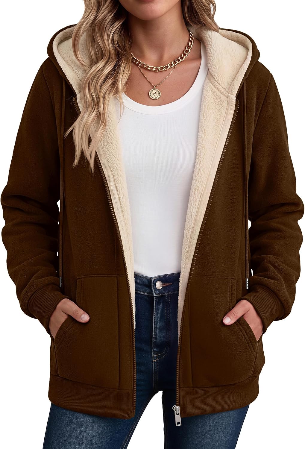 Hooded sherpa fleece full-zip coat in brown, kangaroo pocket