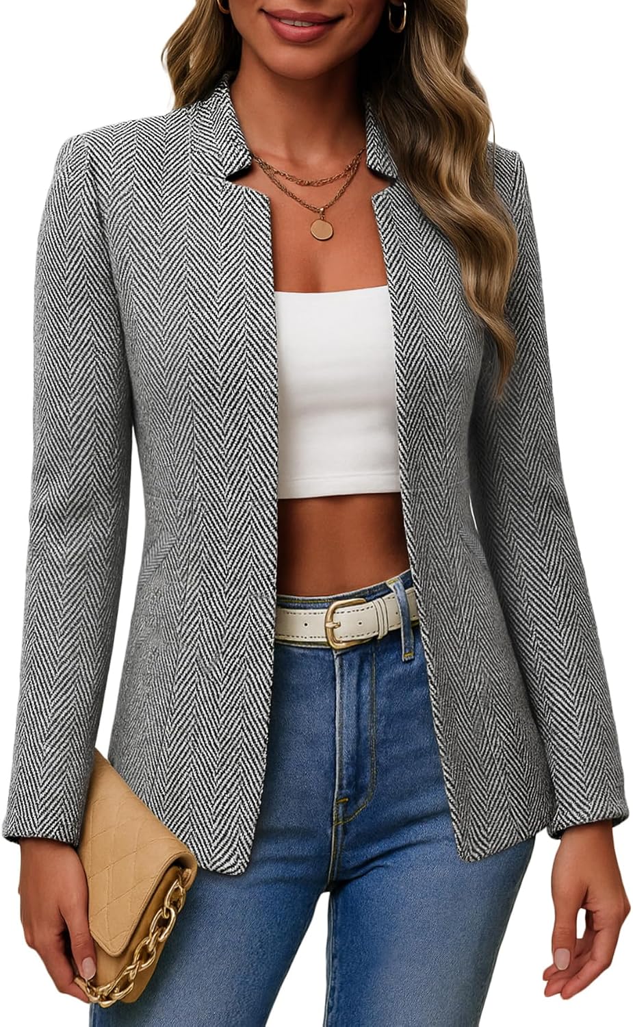Open-front tweed blazer, fully lined, black herringbone