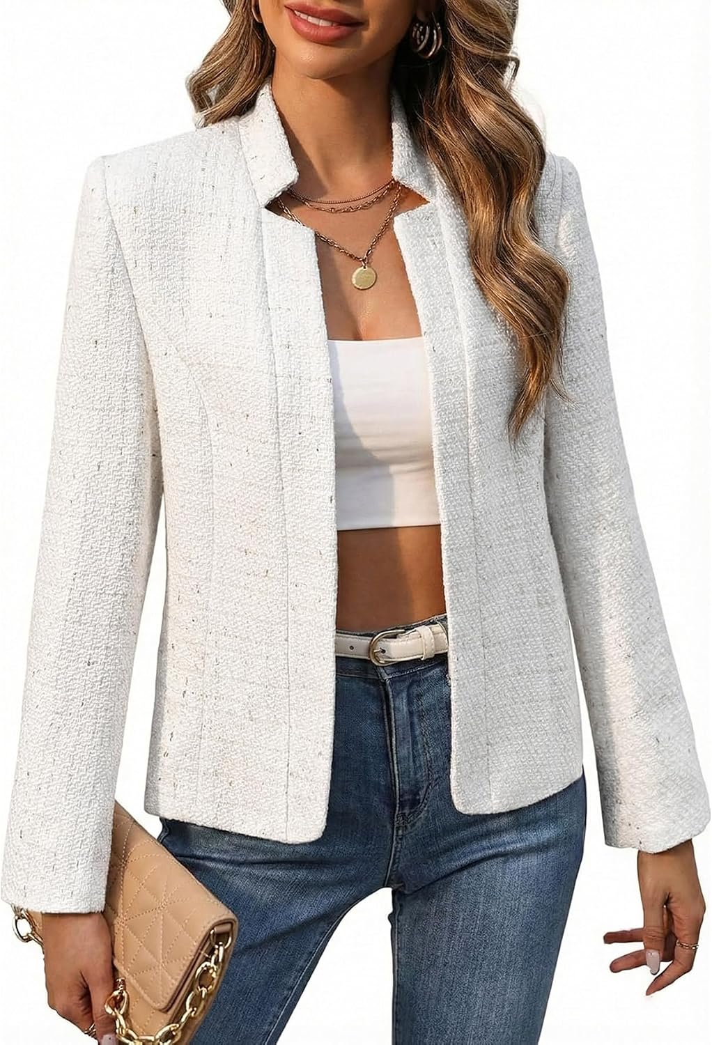 Mina Self 2026 Fall Women's Open Front Tweed Blazer,Plaid Fitted Jacket | Stand Collar,Long Sleeve,Lightweight,Fully Lined,Business Casual Style,Work Office Wear,Fall Winter Clothes Outfits Pockets
