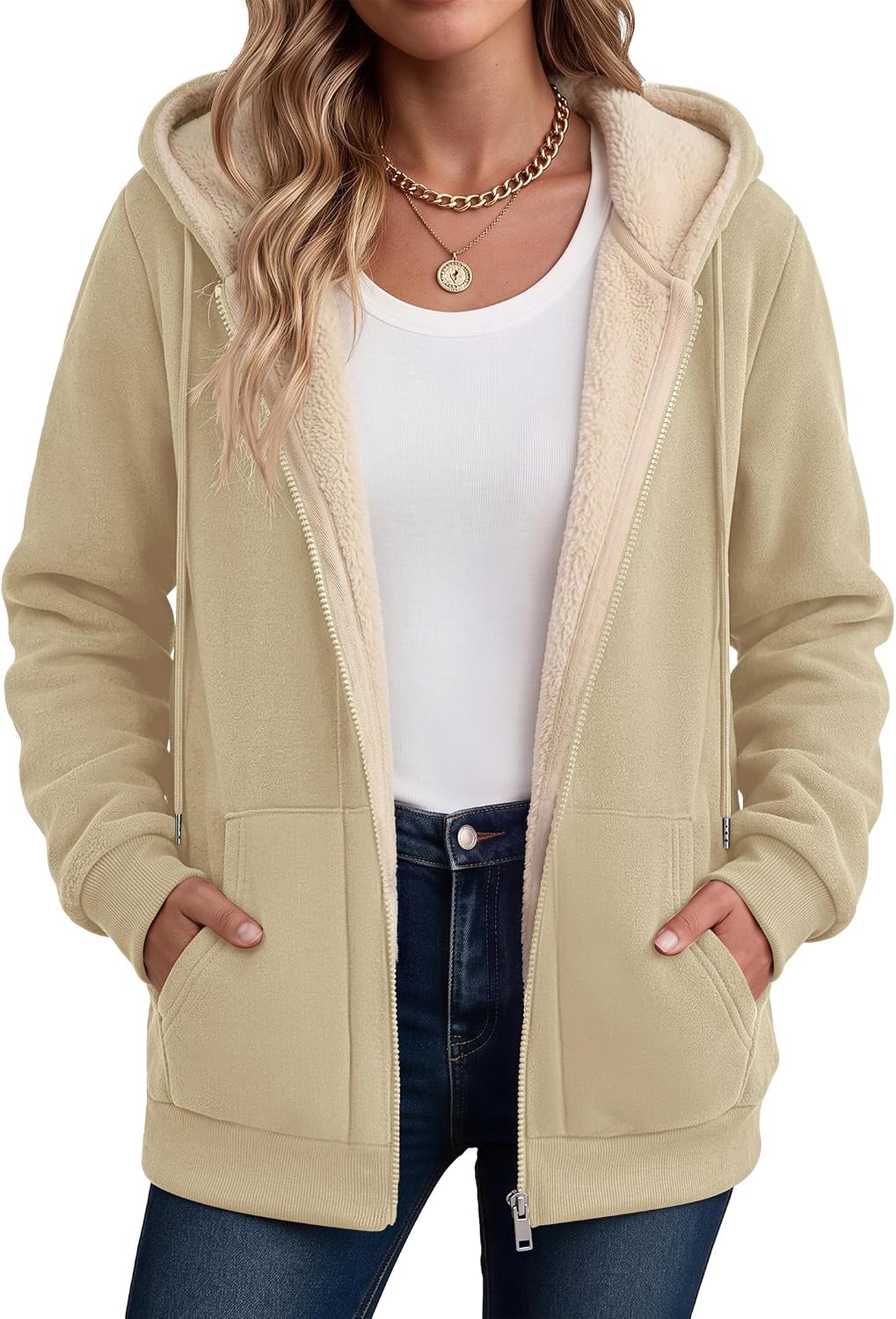 Hooded sherpa fleece full-zip coat in apricot, kangaroo pocket